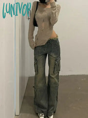Lunivop Woman High Waist Jeans Wash Denim Floor-Length Pants Pockets New Design Casual Kawaii
