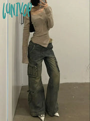 Lunivop Woman High Waist Jeans Wash Denim Floor-Length Pants Pockets New Design Casual Kawaii