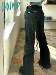 Lunivop Woman Jeans Denim Pants Baggy Low Waist Wide Leg Wash Multiple Pockets Vintage Fashion