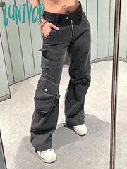 Lunivop Woman Jeans Denim Pants Baggy Low Waist Wide Leg Wash Multiple Pockets Vintage Fashion