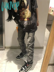 Lunivop Woman Jeans Denim Pants Wash Floor-Length Tie-Dyed Slim Daily Retro High Street Preppy