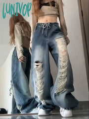 Lunivop Woman Jeans Loose Denim Pants Straight Leg Tie-Dyed Floor-Length Wash Ripped Hole