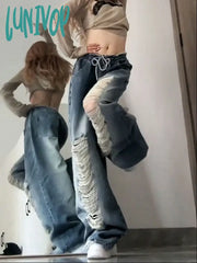 Lunivop Woman Jeans Loose Denim Pants Straight Leg Tie-Dyed Floor-Length Wash Ripped Hole