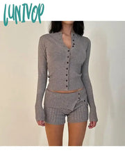 Lunivop Woman Knit T-Shirts Crew Neck Tees Long Sleeve Crop Casual Top Solid Color Crochet Button