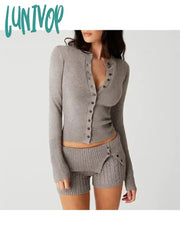 Lunivop Woman Knit T-Shirts Crew Neck Tees Long Sleeve Crop Casual Top Solid Color Crochet Button