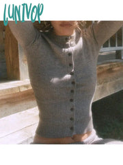 Lunivop Woman Knit T-Shirts Crew Neck Tees Long Sleeve Crop Casual Top Solid Color Crochet Button