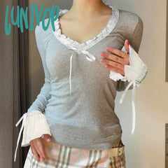 Lunivop Woman Knit T-Shirts Crop V Neck Top Long Sleeve Bow Patchwork Cozy Korean Kawaii Sweet Sexy