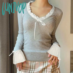 Lunivop Woman Knit T-Shirts Crop V Neck Top Long Sleeve Bow Patchwork Cozy Korean Kawaii Sweet Sexy