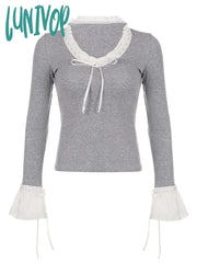 Lunivop Woman Knit T-Shirts Crop V Neck Top Long Sleeve Bow Patchwork Cozy Korean Kawaii Sweet Sexy