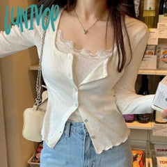 Lunivop Woman Knit T-Shirts Lace Tees Camisole + Crochet Top Square Neck Long Sleeve New Design