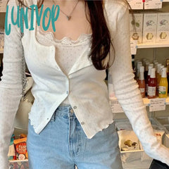 Lunivop Woman Knit T-Shirts Lace Tees Camisole + Crochet Top Square Neck Long Sleeve New Design