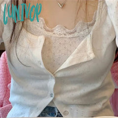 Lunivop Woman Knit T-Shirts Lace Tees Camisole + Crochet Top Square Neck Long Sleeve New Design