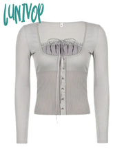 Lunivop Woman Knit T-Shirts Square Neck Tees Long Sleeve Crop Top Tight Bodycon Patchwork Korean