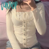 Lunivop Woman Knit T-Shirts Square Neck Tees Long Sleeve Crop Top Tight Bodycon Patchwork Korean