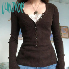 Lunivop Woman Knit T-Shirts V Neck Tees Slim Crop Stretch Top Lace Patchwork New Design Casual