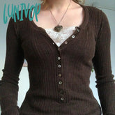 Lunivop Woman Knit T-Shirts V Neck Tees Slim Crop Stretch Top Lace Patchwork New Design Casual