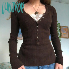 Lunivop Woman Knit T-Shirts V Neck Tees Slim Crop Stretch Top Lace Patchwork New Design Casual