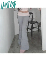 Lunivop Woman Knit Trousers Sweatpants Loose Bell Stretch Bottoms Wide Leg Patchwork Preppy Style