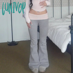 Lunivop Woman Knit Trousers Sweatpants Loose Bell Stretch Bottoms Wide Leg Patchwork Preppy Style