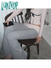 Lunivop Woman Knit Trousers Sweatpants Loose Bell Stretch Bottoms Wide Leg Patchwork Preppy Style