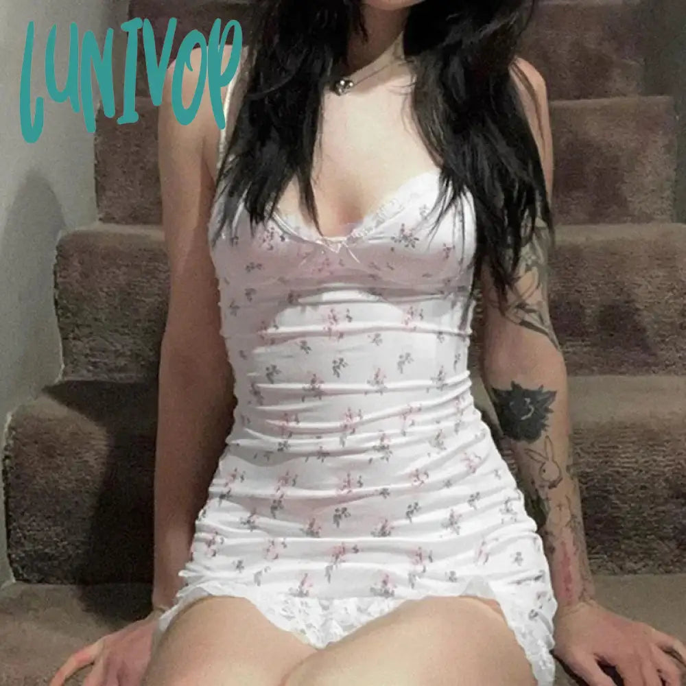 Lunivop Woman Kpop Dress Floral American Style French Elegance A-Line Corse Ballet Core Spaghetti