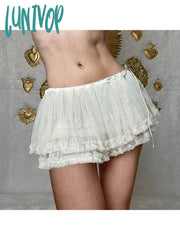 Lunivop Woman Linen Mesh Pleated Mini Skirt A-Line Low Waist Solid Color Lace Up Ballet Core Sweet