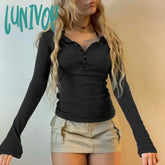 Lunivop Woman Long Sleeve Crochet Tight Bodycon Top Crop Solid Daily Color Button Retro T-Shirts