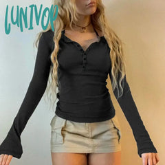 Lunivop Woman Long Sleeve Crochet Tight Bodycon Top Crop Solid Daily Color Button Retro T-Shirts