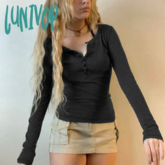 Lunivop Woman Long Sleeve Crochet Tight Bodycon Top Crop Solid Daily Color Button Retro T-Shirts