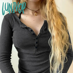 Lunivop Woman Long Sleeve Crochet Tight Bodycon Top Crop Solid Daily Color Button Retro T-Shirts