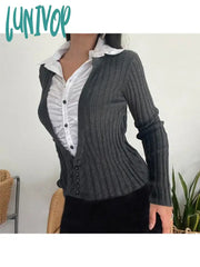 Lunivop Woman Long Sleeve Fall Lapel Collar T-Shirts Knit Crochet Patchwork Top Single Breasted