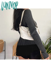 Lunivop Woman Long Sleeve Fall Lapel Collar T-Shirts Knit Crochet Patchwork Top Single Breasted