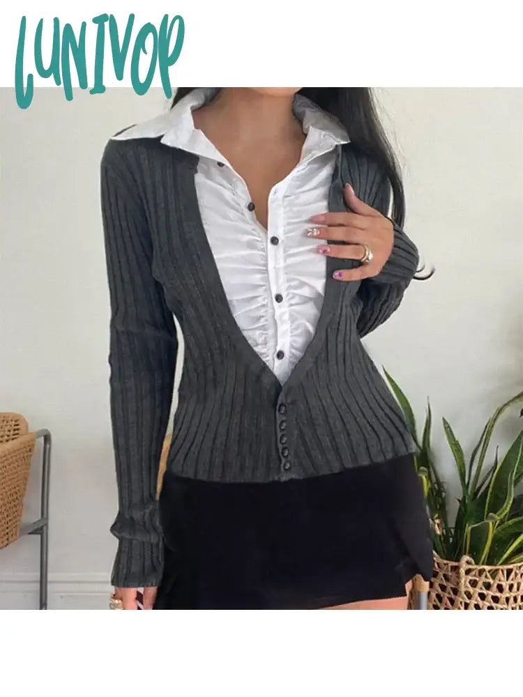 Lunivop Woman Long Sleeve Fall Lapel Collar T-Shirts Knit Crochet Patchwork Top Single Breasted