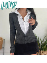 Lunivop Woman Long Sleeve Fall Lapel Collar T-Shirts Knit Crochet Patchwork Top Single Breasted