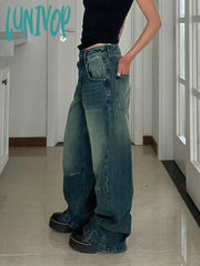 Lunivop Woman Loose Baggy Jeans Low Waist Denim Wide Leg Pants Gradient Color Tie-Dyed Hip-Hop