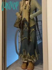 Lunivop Woman Loose Denim High Waist Pleated Tie-Dyed Skirt Asymmetrical A-Line New Design Fashion