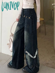 Lunivop Woman Loose Jeans High Waist Denim Wide Leg Pants Tie-Dyed Bell Knee Length Bottoms