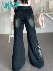 Lunivop Woman Loose Jeans High Waist Denim Wide Leg Pants Tie-Dyed Bell Knee Length Bottoms