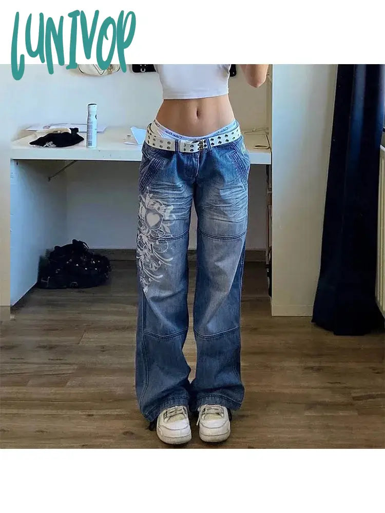Lunivop Woman Loose Jeans Low Waist Denim Straight Leg Pants Gradient Color Trousers Wash Pockets