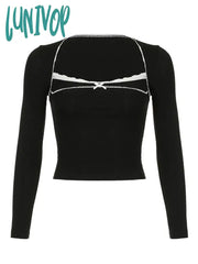 Lunivop Woman Patchwork Tees Lace Crochet Slim Top Long Sleeve Tops Square Neck Crop Casual Fashion