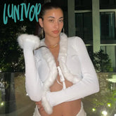 Lunivop Woman Plush T-Shirts V Neck Crop Long Sleeve Cardigan Top Slim Tees Solid Color New Design