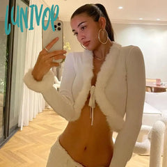 Lunivop Woman Plush T-Shirts V Neck Crop Long Sleeve Cardigan Top Slim Tees Solid Color New Design