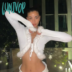 Lunivop Woman Plush T-Shirts V Neck Crop Long Sleeve Cardigan Top Slim Tees Solid Color New Design