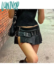 Lunivop Woman Pu Pleated Skirt Faux Leather A-Line Tight Bodycon Low Waist With Belt Patchwork New