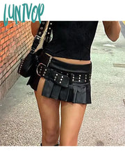 Lunivop Woman Pu Pleated Skirt Faux Leather A-Line Tight Bodycon Low Waist With Belt Patchwork New