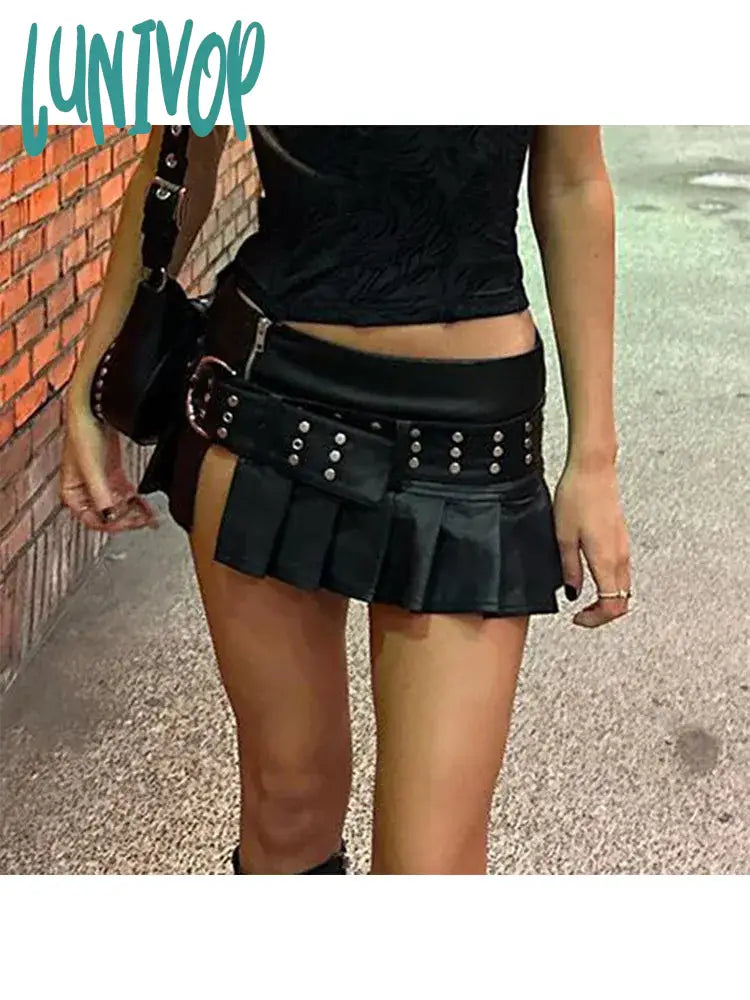 Lunivop Woman Pu Pleated Skirt Faux Leather A-Line Tight Bodycon Low Waist With Belt Patchwork New