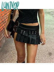Lunivop Woman Pu Pleated Skirt Faux Leather A-Line Tight Bodycon Low Waist With Belt Patchwork New