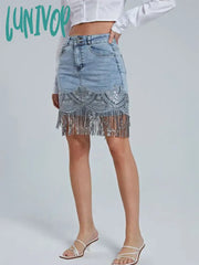 Lunivop Woman Sleek Sexy Flap Pockets Sequin Fringed Mesh Hem Skinny Denim Skirt
