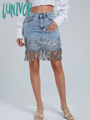 Lunivop Woman Sleek Sexy Flap Pockets Sequin Fringed Mesh Hem Skinny Denim Skirt