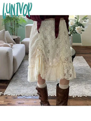 Lunivop Woman Solid Color Pleated High Waist Skirt Gauze Midi Office Lady A-Line Gyaru Kpop